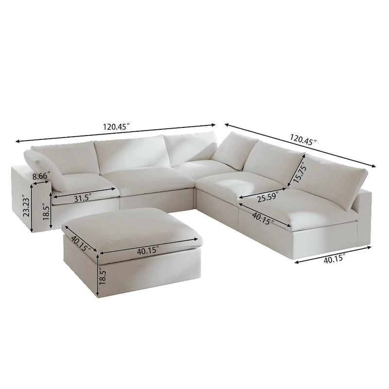 Down Filled Corner Sectional Sofa 5-seats Couch with Ottoman