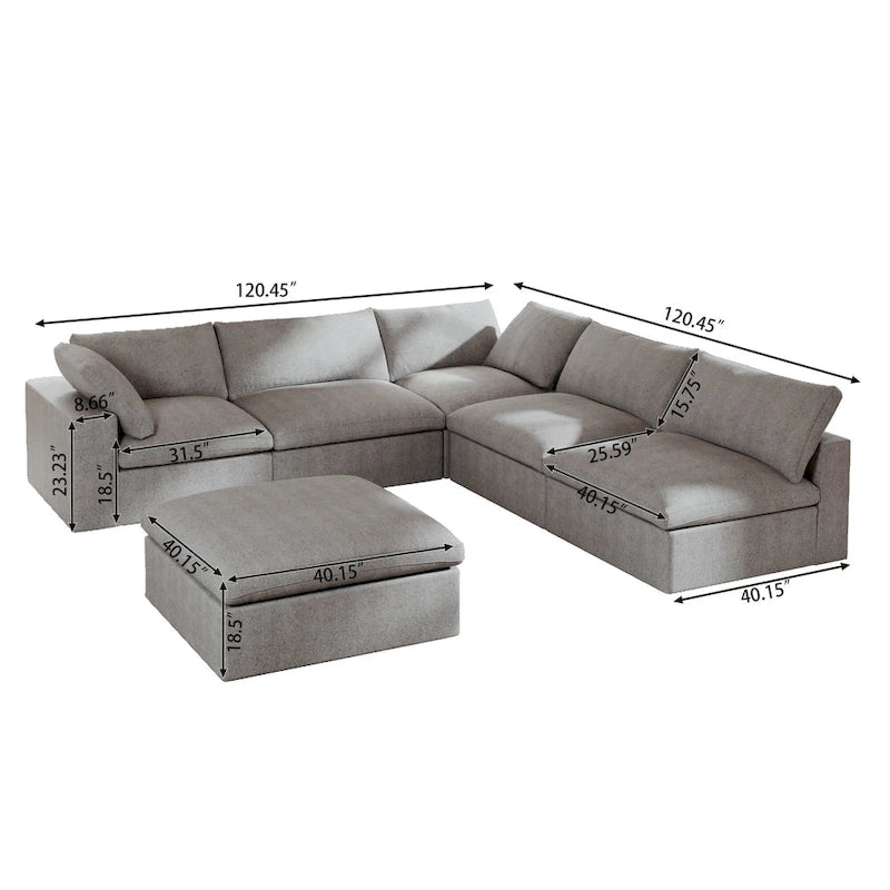 Down Filled Corner Sectional Sofa 5-seats Couch with Ottoman