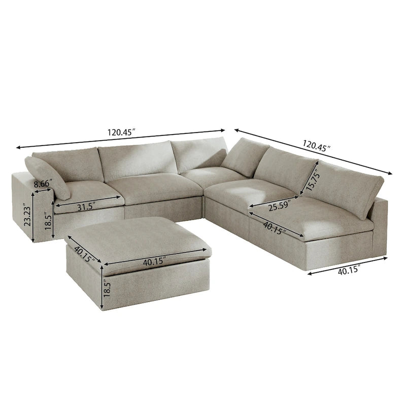 Down Filled Corner Sectional Sofa 5-seats Couch with Ottoman
