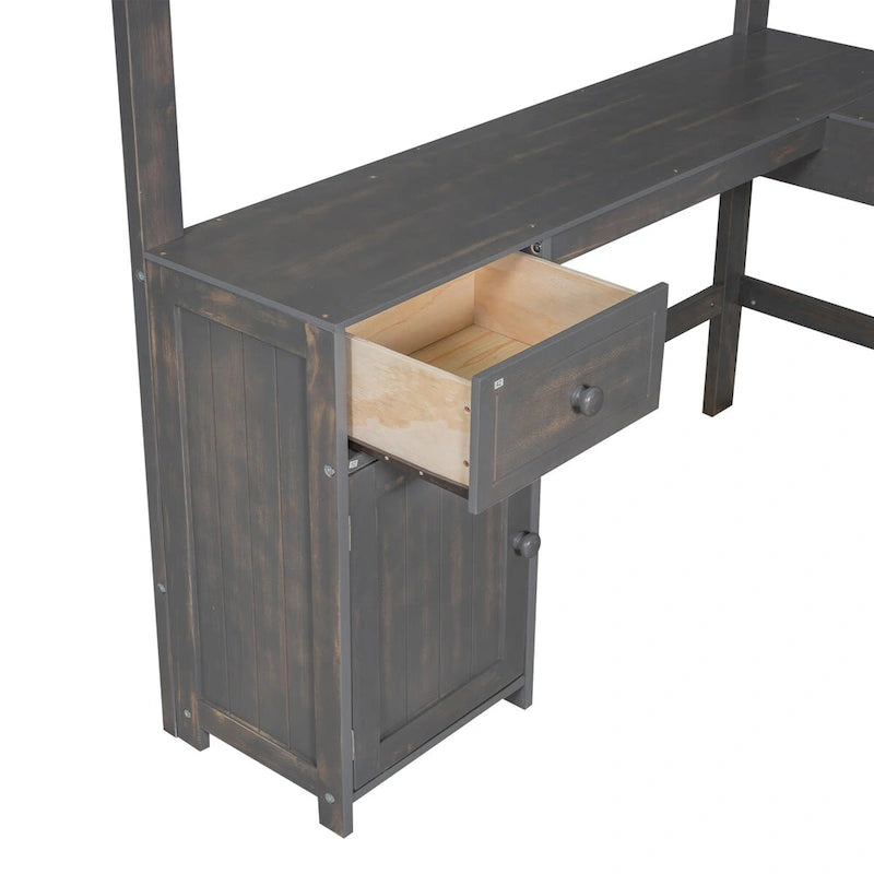 Full Size Loft Bed with U-shaped Desk, Drawers and Storage Shelves