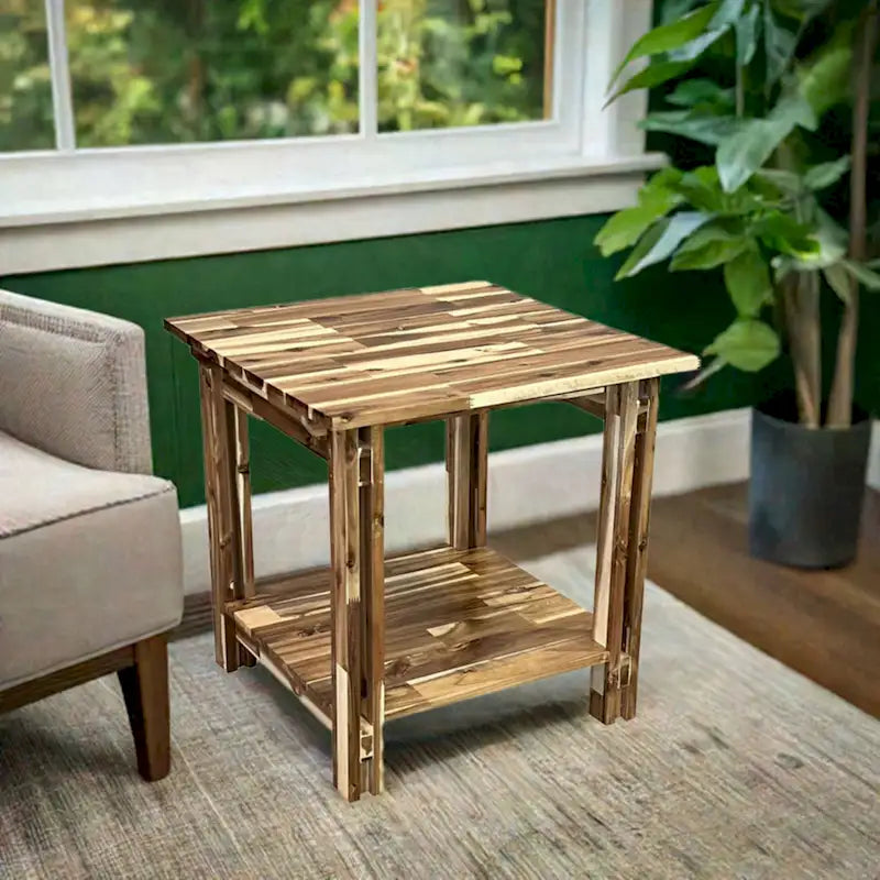 Acacia Wood Architectural End Table with Shelf