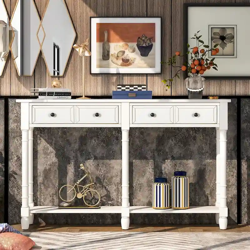Console Table Sofa Table Easy Assembly with Two Storage Drawers and Bottom Shelf for Living Room, Entryway