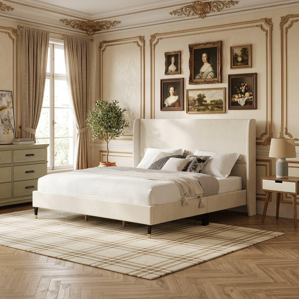 Beige Velvet Wingback Platform Bed, King, No Box Spring Need, Easy to Assemble