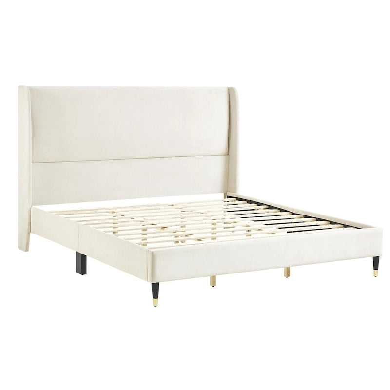 Beige Velvet Wingback Platform Bed, King, No Box Spring Need, Easy to Assemble