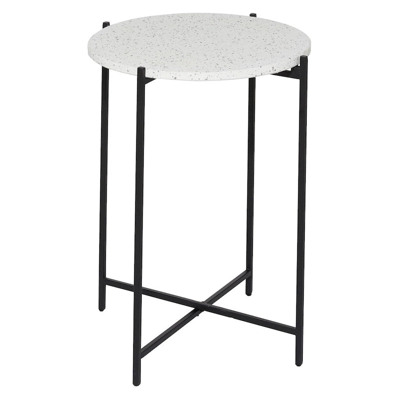 Terrazzo Stone Side End Accent Table with Black Metal X-Stand - White