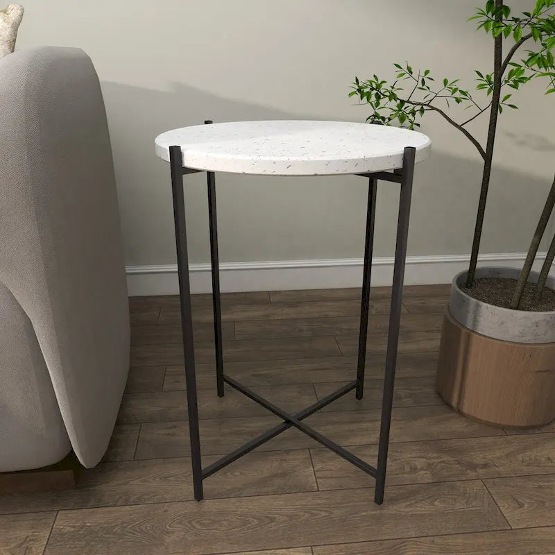 Terrazzo Stone Side End Accent Table with Black Metal X-Stand - White
