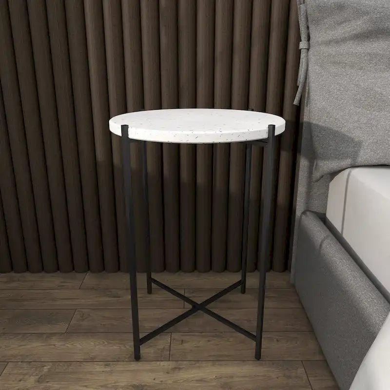 Terrazzo Stone Side End Accent Table with Black Metal X-Stand - White