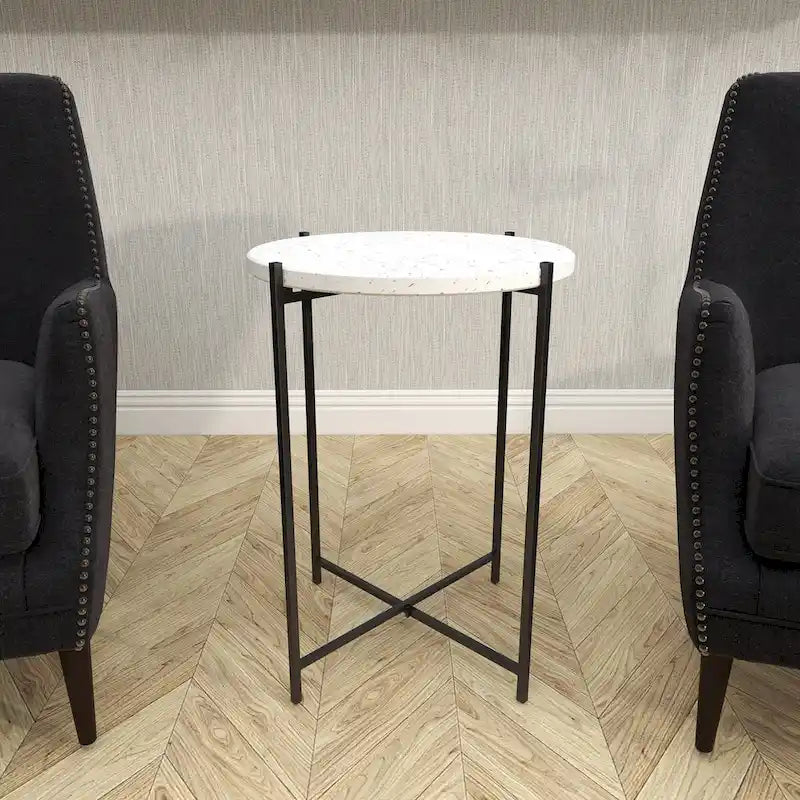 Terrazzo Stone Side End Accent Table with Black Metal X-Stand - White