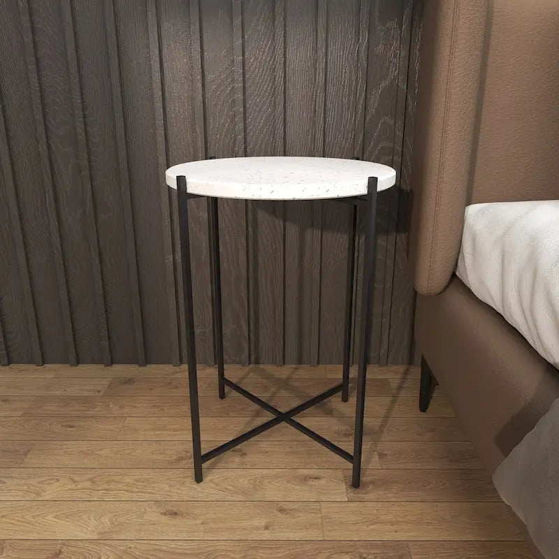 Terrazzo Stone Side End Accent Table with Black Metal X-Stand - White