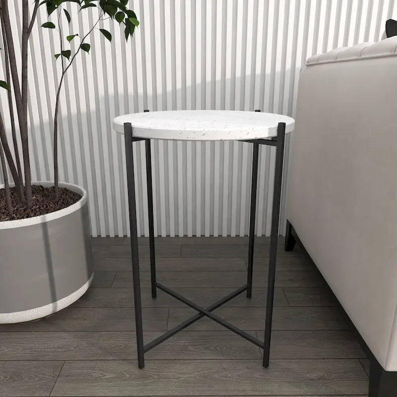Terrazzo Stone Side End Accent Table with Black Metal X-Stand - White
