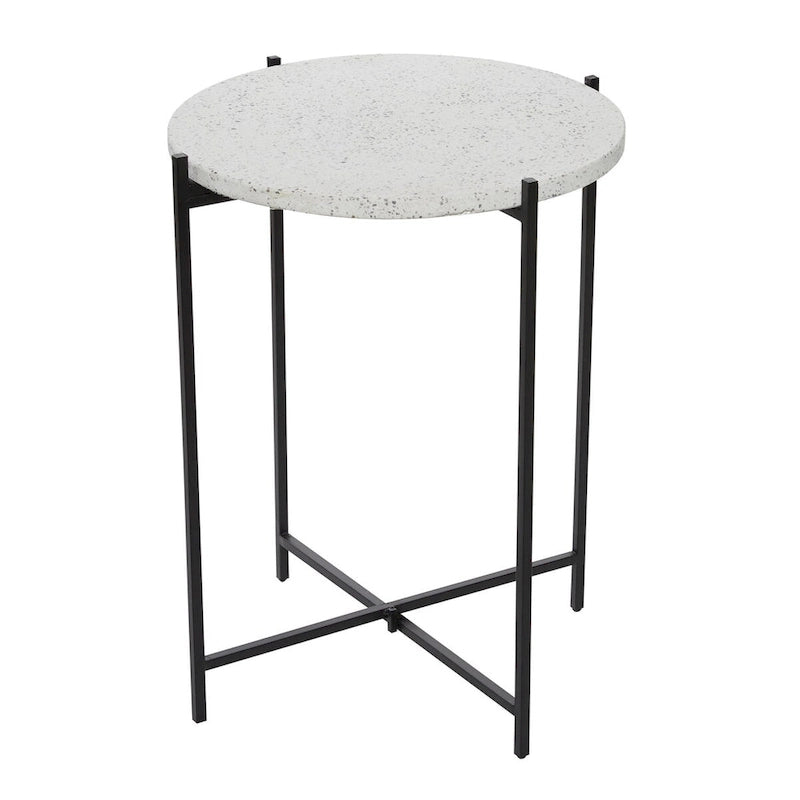 Terrazzo Stone Side End Accent Table with Black Metal X-Stand - White