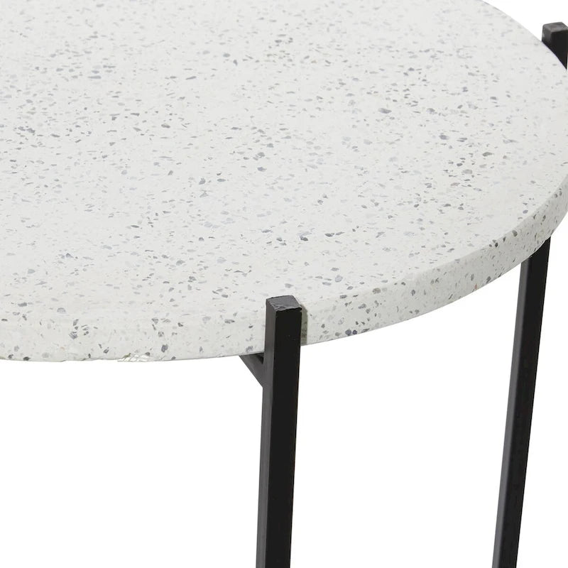 Terrazzo Stone Side End Accent Table with Black Metal X-Stand - White