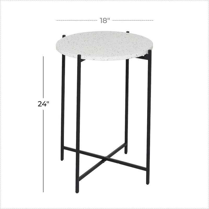 Terrazzo Stone Side End Accent Table with Black Metal X-Stand - White