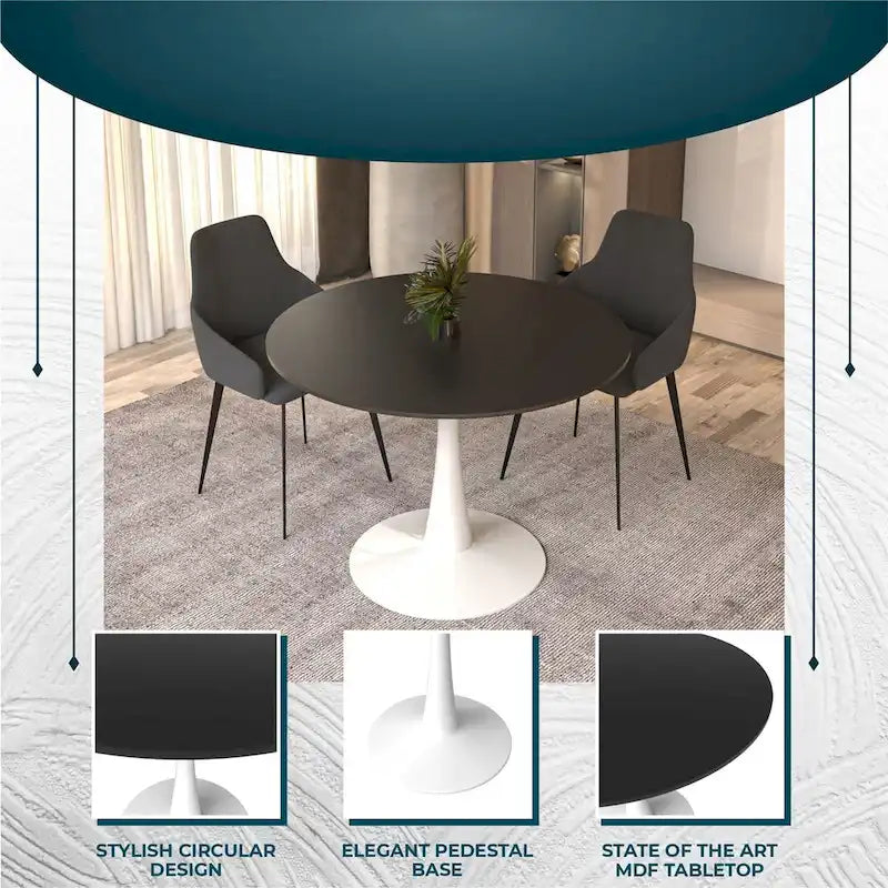 40 Round Dining Table for 4 with MDF Wood Tabletop in White Steel Base for Kitchen & Dining Room