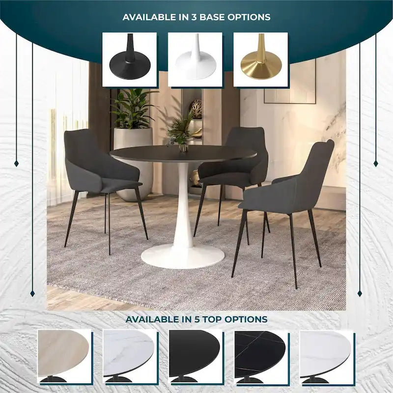 40 Round Dining Table for 4 with MDF Wood Tabletop in White Steel Base for Kitchen & Dining Room