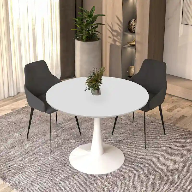40 Round Dining Table for 4 with MDF Wood Tabletop in White Steel Base for Kitchen & Dining Room