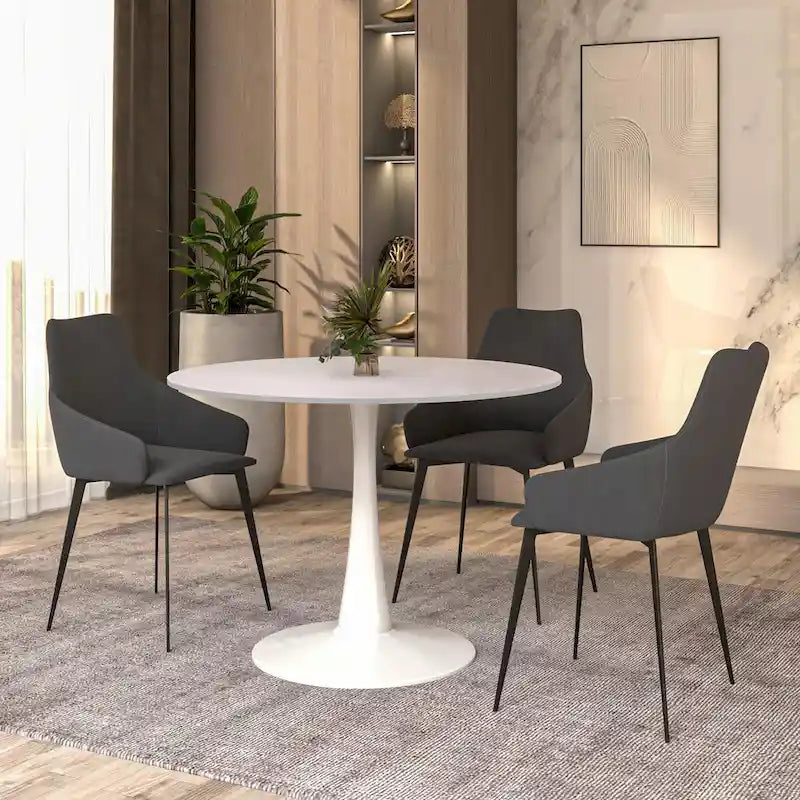 40 Round Dining Table for 4 with MDF Wood Tabletop in White Steel Base for Kitchen & Dining Room