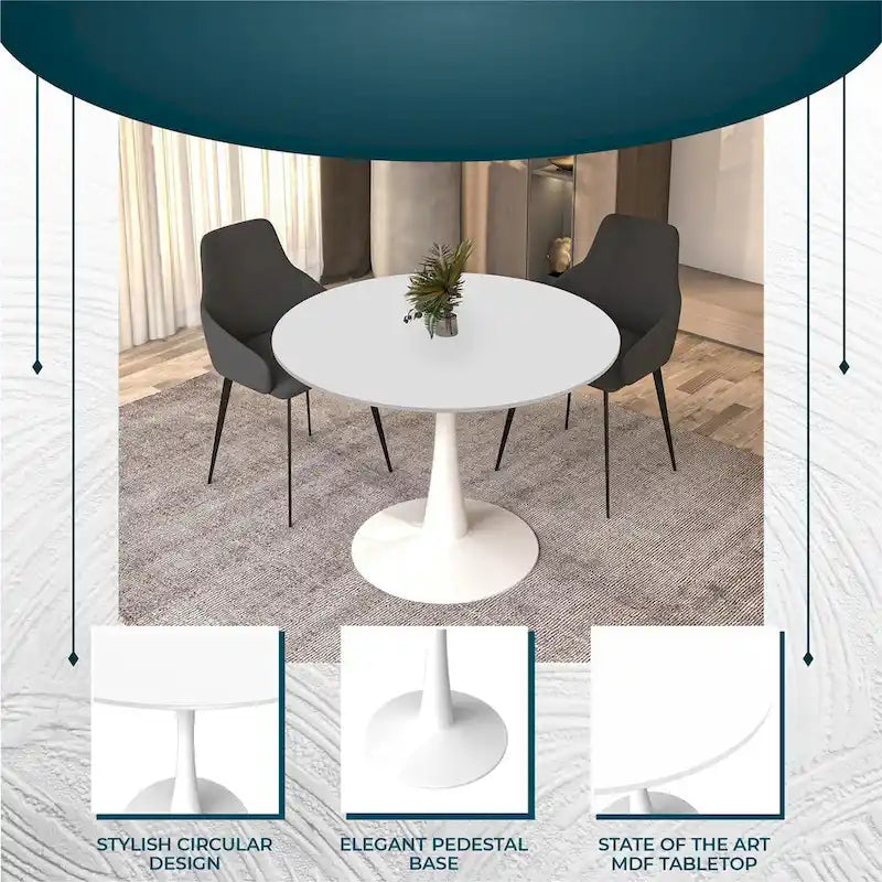 40 Round Dining Table for 4 with MDF Wood Tabletop in White Steel Base for Kitchen & Dining Room