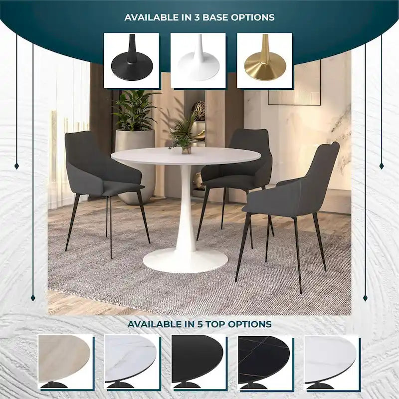 40 Round Dining Table for 4 with MDF Wood Tabletop in White Steel Base for Kitchen & Dining Room