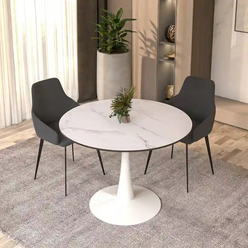 40 Round Dining Table for 4 with MDF Wood Tabletop in White Steel Base for Kitchen & Dining Room
