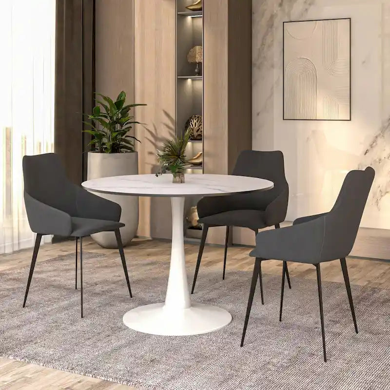 40 Round Dining Table for 4 with MDF Wood Tabletop in White Steel Base for Kitchen & Dining Room