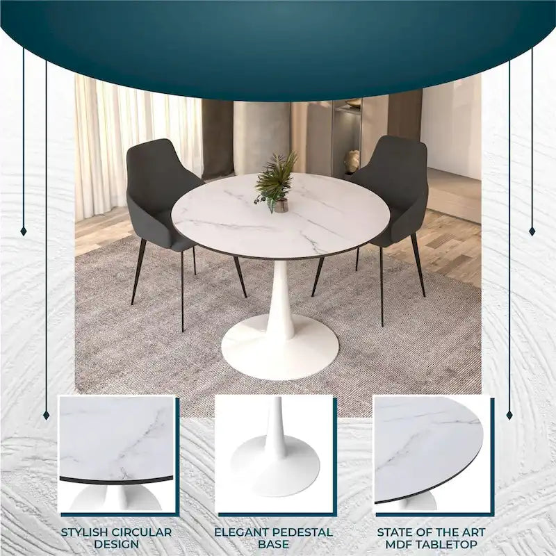40 Round Dining Table for 4 with MDF Wood Tabletop in White Steel Base for Kitchen & Dining Room