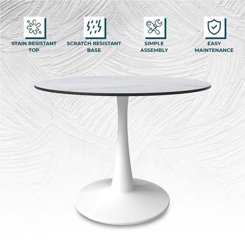 40 Round Dining Table for 4 with MDF Wood Tabletop in White Steel Base for Kitchen & Dining Room